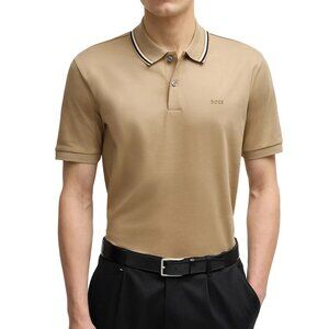 Hugo Boss Men's BOSS Penrose Tipped SS Cotton Polo Shirt Logo Slim Fit Beige 2XL